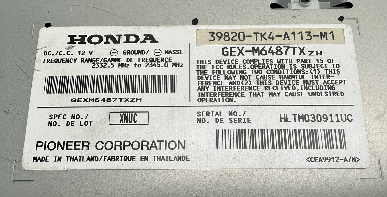 09 Acura TL XM Satellite Radio Receiver Pioneer 39820-TK4 Control 2009 OEM